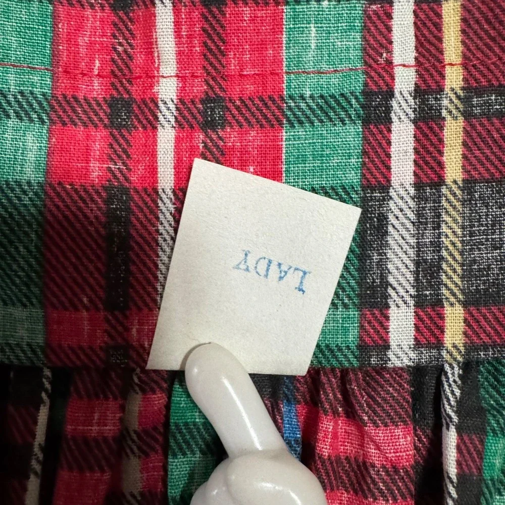 Vintage 70s Plaid‎ Pinafore Apron Dress Ruffle Bib Tie Back Lady One Size USA